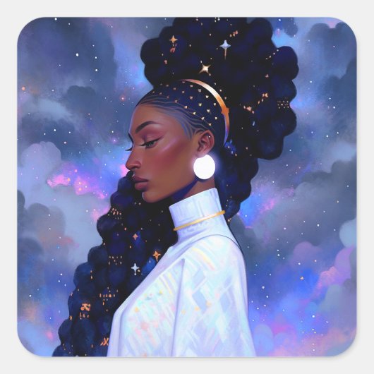 Kosmische Dame Afro-Amerikaanse Fantasy Kunst Vierkante Sticker (Voorkant)
