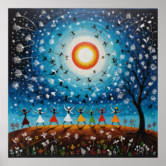 Kosmische dans - Surrealistisch Warli-landschap Poster