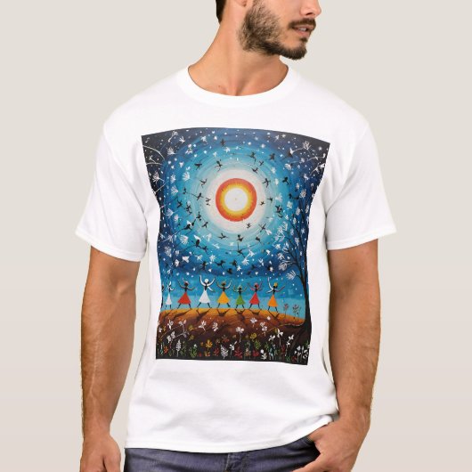 Kosmische dans - Surrealistisch Warli-landschap T-shirt (Voorkant)