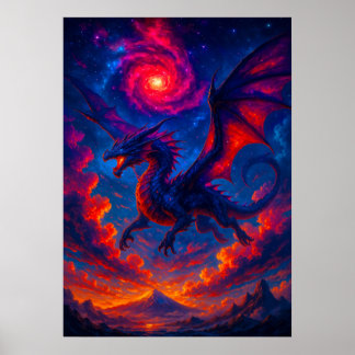 Kosmische Draak Vliegend Door Fiery Sky Fantasy Poster