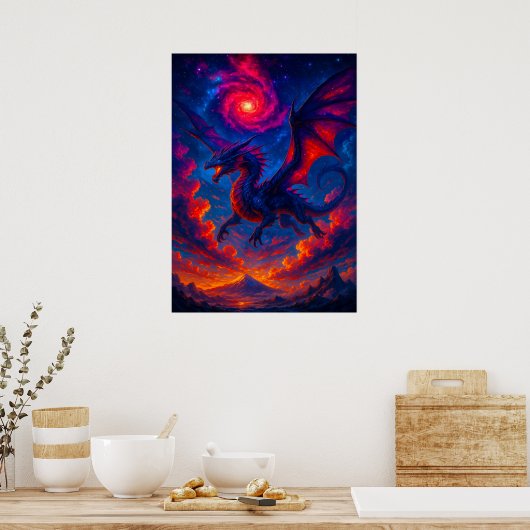 Kosmische Draak Vliegend Door Fiery Sky Fantasy Poster (Keuken)