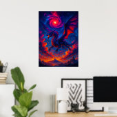 Kosmische Draak Vliegend Door Fiery Sky Fantasy Poster (Thuiskantoor)