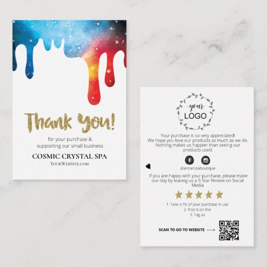 *~* KOSMISCHE DRUPPELS Logo DANK U QR AP8 Review Informatiekaartje (Voorkant / Achterkant)