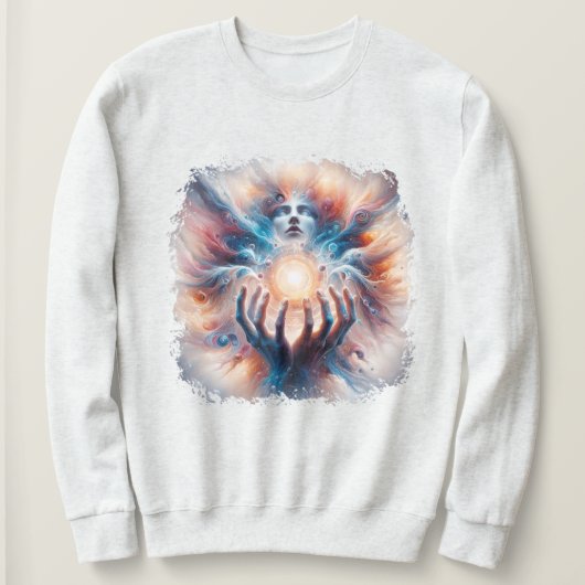 Kosmische energie omarmd door handen trui (Design voorkant)