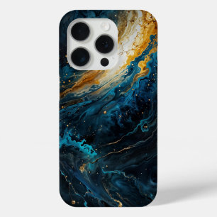 Kosmische Explosie Blauw en Goud Abstract iPhone 15 Pro Case