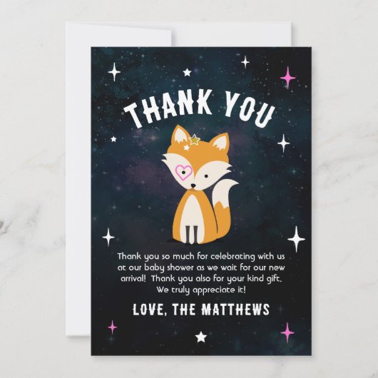 Kosmische Fox Wild Een Roze Meisje Baby shower Bedankkaart (Voorkant)