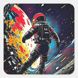 Kosmische fragmentatie: Lino gesneden astronaut Vierkante Sticker
