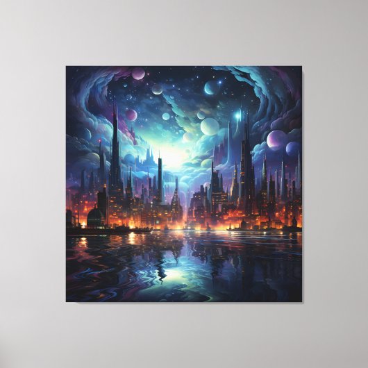 Kosmische Futuristische Metropolis wolkenkrabber Canvas Afdruk (Voorkant)