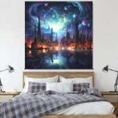 Kosmische Futuristische Metropolis wolkenkrabber Canvas Afdruk (Insitu (Slaapkamer))