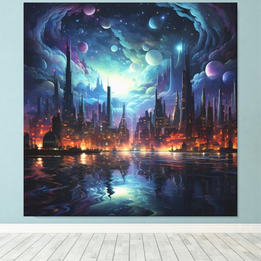 Kosmische Futuristische Metropolis wolkenkrabber Canvas Afdruk (Insitu (Houten vloer))