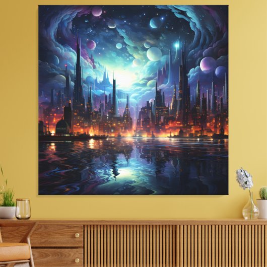 Kosmische Futuristische Metropolis wolkenkrabber Canvas Afdruk (Insitu (Woonkamer))