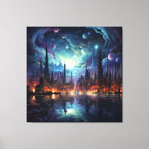 Kosmische Futuristische Metropolis wolkenkrabber Canvas Afdruk