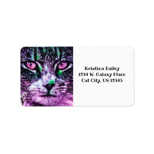 Kosmische galaxy kat Starry Skies Paars en groen Etiket (Voorkant)