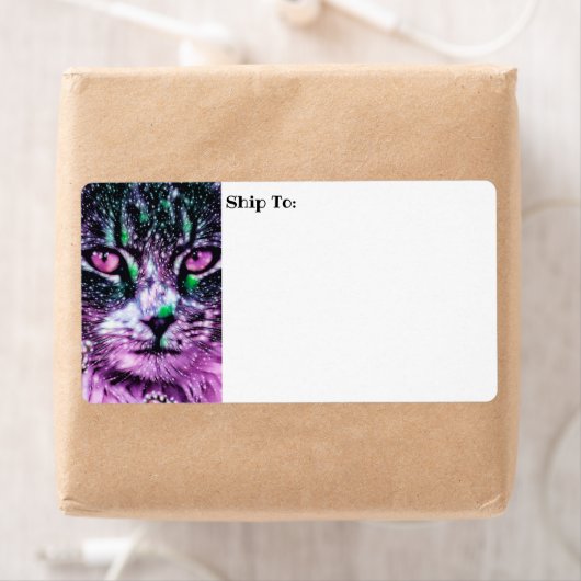 Kosmische galaxy kat Starry Skies Paars en groen Etiket (Insitu)