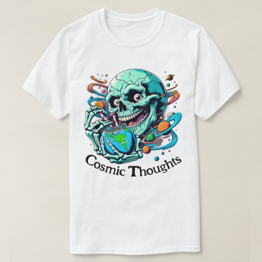 Kosmische Gedachten" Levendige Schedel & Aarde T-shirt (Design voorkant)