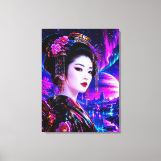 Kosmische Geisha im Neon‑Traumland Canvas Afdruk