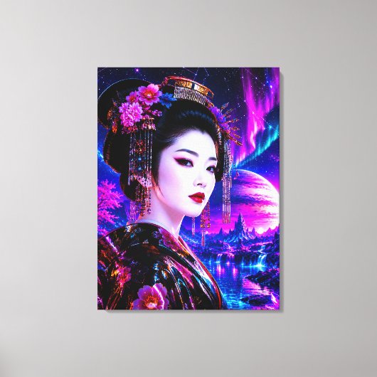 Kosmische Geisha im Neon‑Traumland Canvas Afdruk (Voorkant)