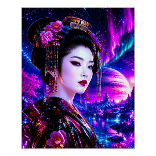 Kosmische Geisha im Neon‑Traumland Perfect Poster (Voorkant)
