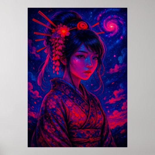 Kosmische Geisha met Galaxy Sky Fantasy Japans Poster (Voorkant)