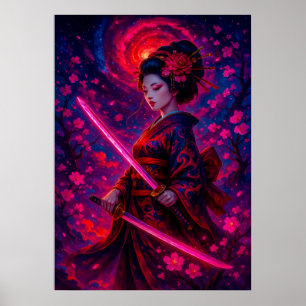 Kosmische Geisha Samurai met Glowing Swords Fantas Poster