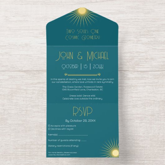 Kosmische Geometrie Huwelijk Emerald Gold Starburs All In One Uitnodiging (Binnenkant)