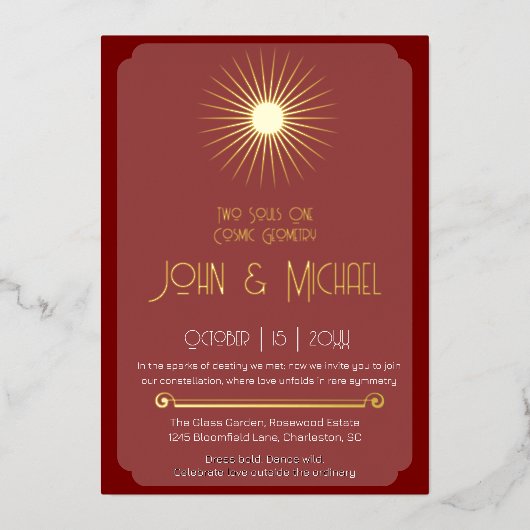 Kosmische Geometrie Trouwen Terracotta Goud Starbu Folie Uitnodiging (Voorkant)