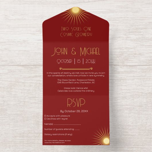 Kosmische Geometrie Trouwen Terracotta Red Starbur All In One Uitnodiging (Binnenkant)