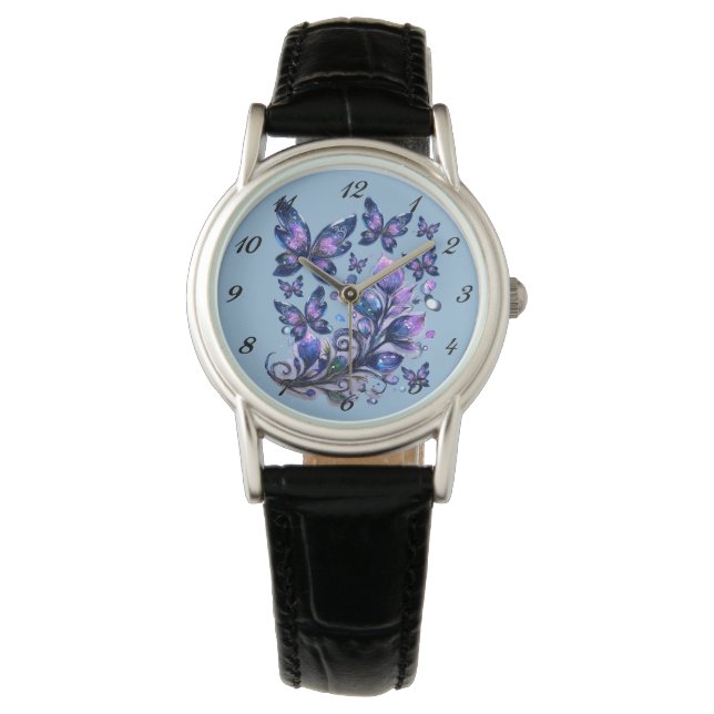 Kosmische Glitter Vlinders Blauw Horloge (Voorkant)