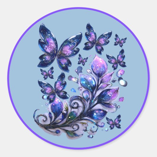 Kosmische Glitter Vlinders Blauw Ronde Sticker (Voorkant)