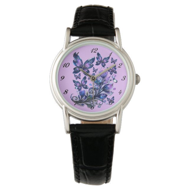 Kosmische Glitter Vlinders Roze Horloge (Voorkant)