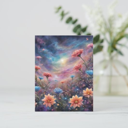 Kosmische hemel met fantasiebloemen briefkaart (Staand voorkant)