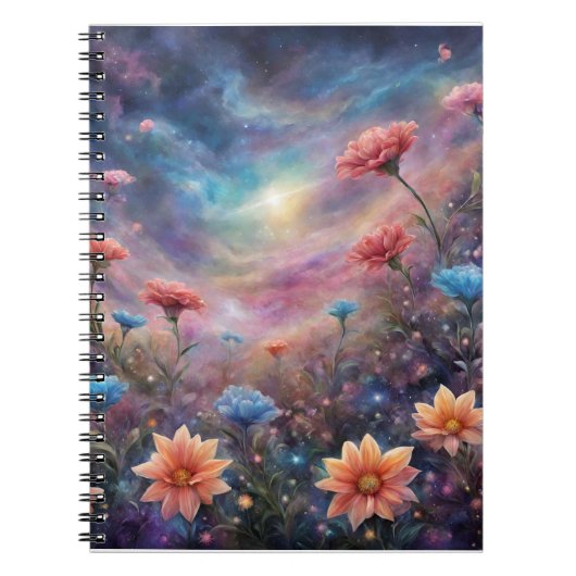 Kosmische hemel met fantasiebloemen notitieboek (Voorkant)