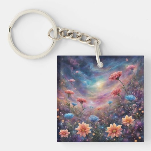 Kosmische hemel met fantasiebloemen sleutelhanger (voorkant)