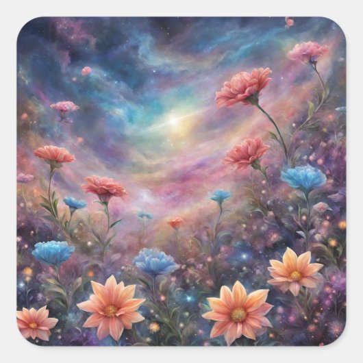 Kosmische hemel met fantasiebloemen vierkante sticker (Voorkant)