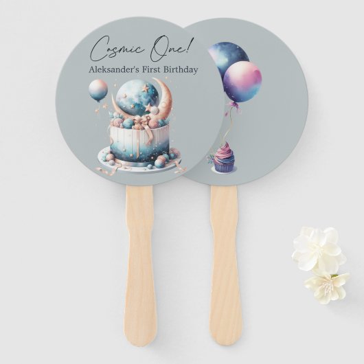 Kosmische! Hemelse 1e Jongen Verjaardag Handwaaier (Voorkant en achterkant)