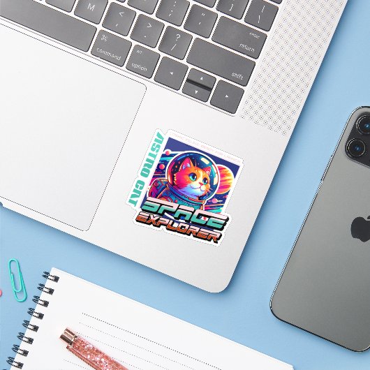 Kosmische Kat Astronaut Sticker (Laptop met iPhone)