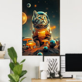 Kosmische Kat Dromen In De Retro-Ruimte Poster (Thuiskantoor)