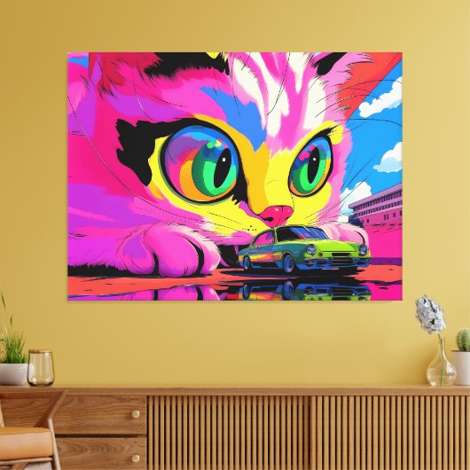 Kosmische kat en de kleine auto canvas afdruk (Insitu (Woonkamer))