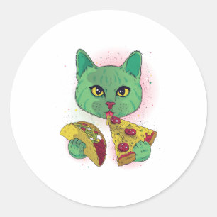 Kosmische Kat eten Pizza en Taco Ronde Sticker
