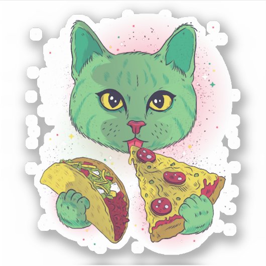 Kosmische Kat eten Pizza en Taco Sticker (Voorkant)