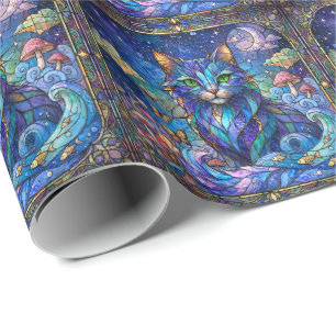 Kosmische Kat Gebrandschilderd Glas Surreal Blauw Cadeaupapier