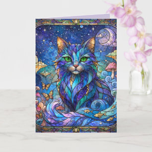 Kosmische Kat Gebrandschilderd Glas Surreal Blauw Kaart