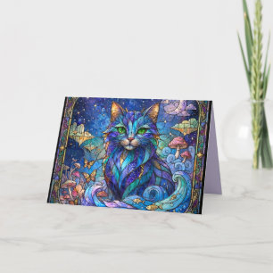Kosmische Kat Gebrandschilderd Glas Surreal Blauw Kaart