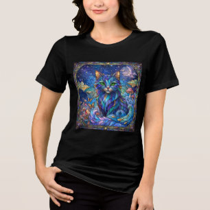 Kosmische Kat Gebrandschilderd Glas Surreal Blauw Tri-Blend Shirt