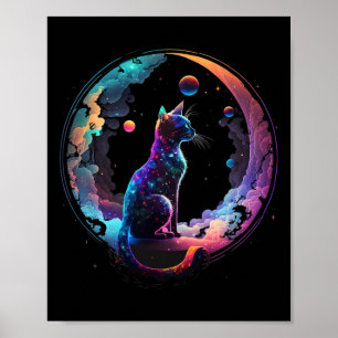 Kosmische Kat Koele Kleurrijke Halve Maan en Wolke Poster