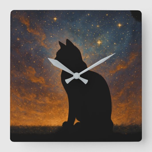 Kosmische Kat Silhouet Vierkante Klok (Voorkant)