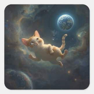 Kosmische Kattenavontuur – Betoverende Ruimteschil Vierkante Sticker