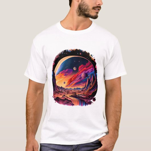 Kosmische Landschaft mit Planeten und Bergen T-shirt (Voorkant)