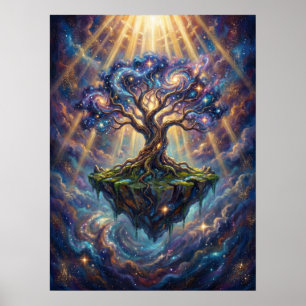 Kosmische levensboom op drijvend eiland poster