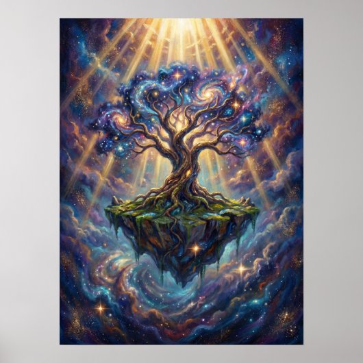Kosmische levensboom op drijvend eiland poster (Voorkant)